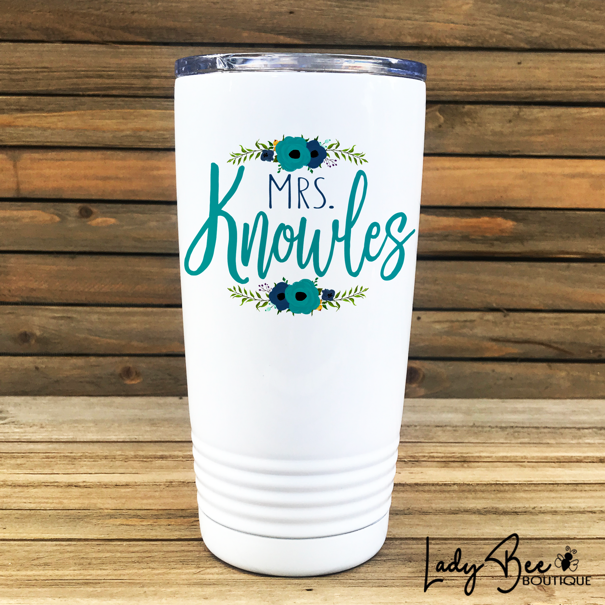 Personalized Teacher Tumbler: Blue and Teal Flowers - LadyBee Boutique Mugs